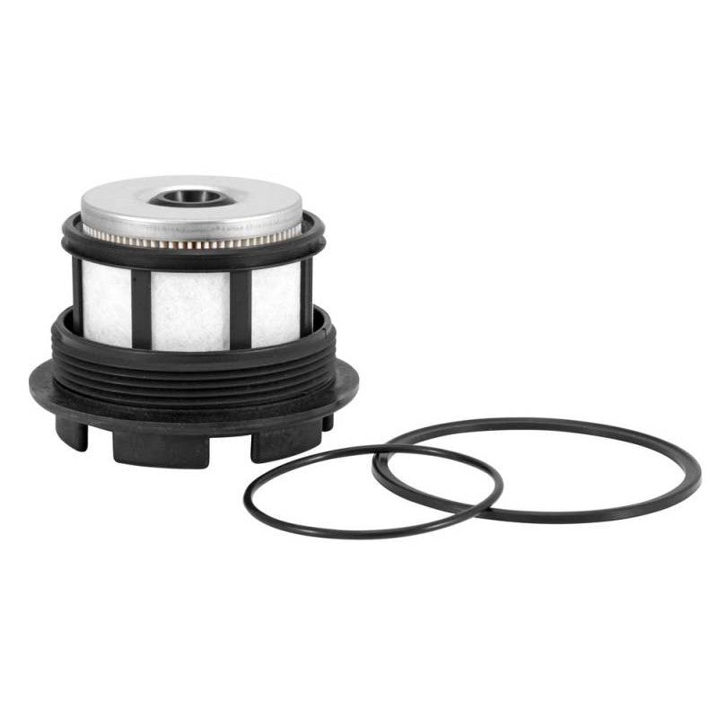 K&N PF-4000 performance fuel filter with high-strength carbon steel housing and rolled seam construction.