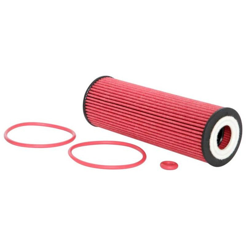 K&N HP-7037 performance cartridge oil filter with white pleated media and black end caps, 1.938 inch OD by 5.5 inch height.