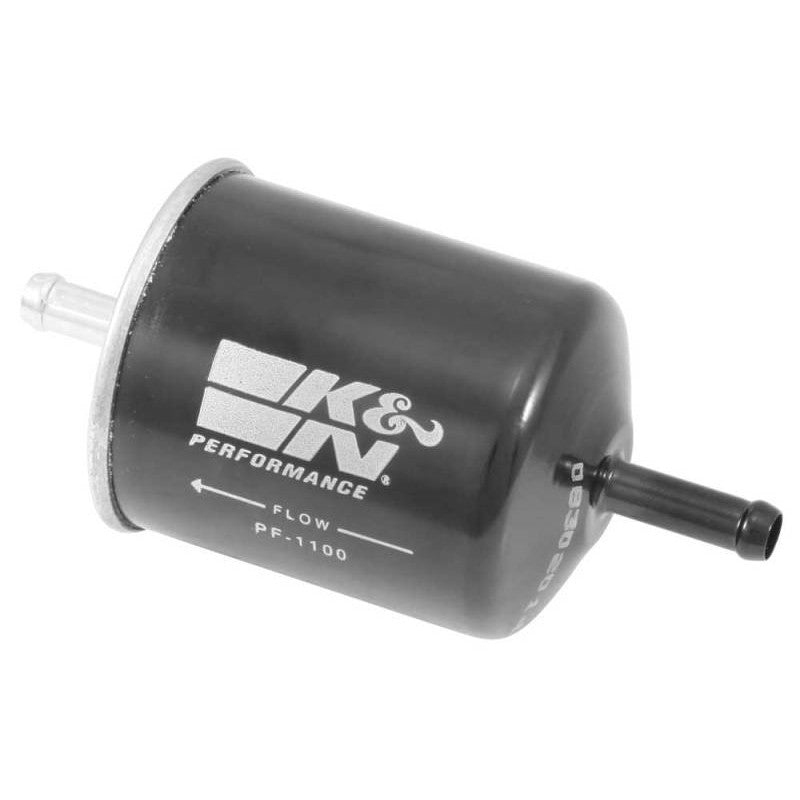 K&N PF-1100 performance fuel filter with high-strength carbon steel housing and rolled seam construction.