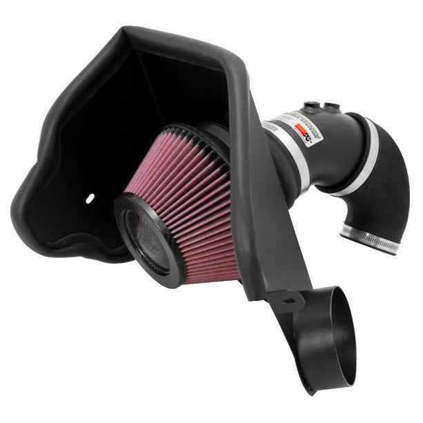 K&N Typhoon Performance Intake system with black mandrel-bent aluminum tube and conical red oiled cotton air filter.