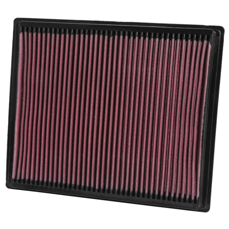 K&N 33-2286 high-flow drop-in replacement air filter with red pleated oiled cotton media and black rubber frame.