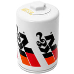 K&N HP-2011 white canister oil filter featuring a welded 1-inch hex nut for easy removal
