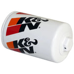 White K&N HP-2001 Performance Gold oil filter with a welded 1-inch hex nut and red K&N logo.