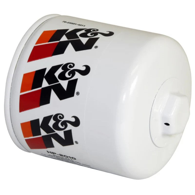 K&N HP-2010 premium performance oil filter with a welded 1-inch hex nut for easy removal.