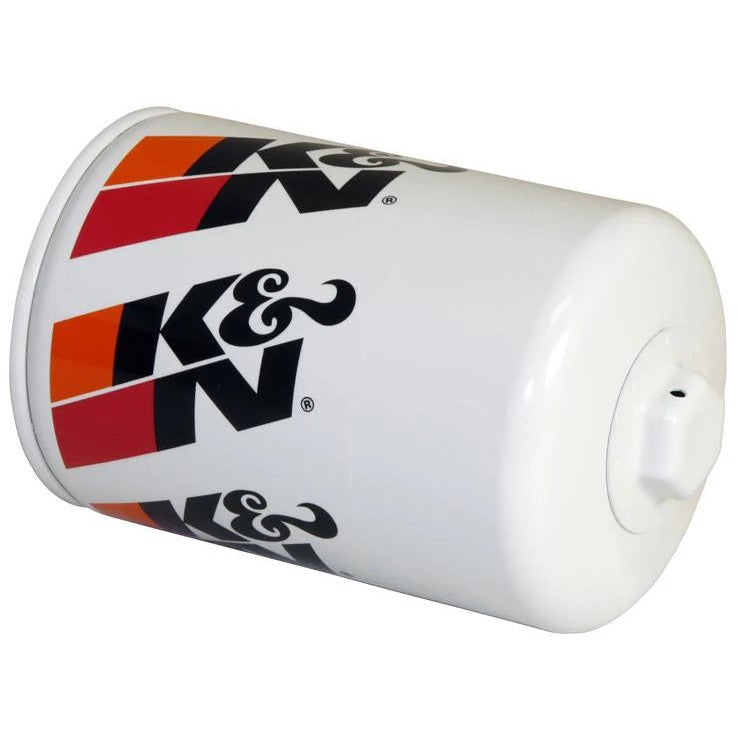 K&N HP-3001 Performance Gold oil filter with white heavy-duty canister and integrated 1-inch welded hex nut.