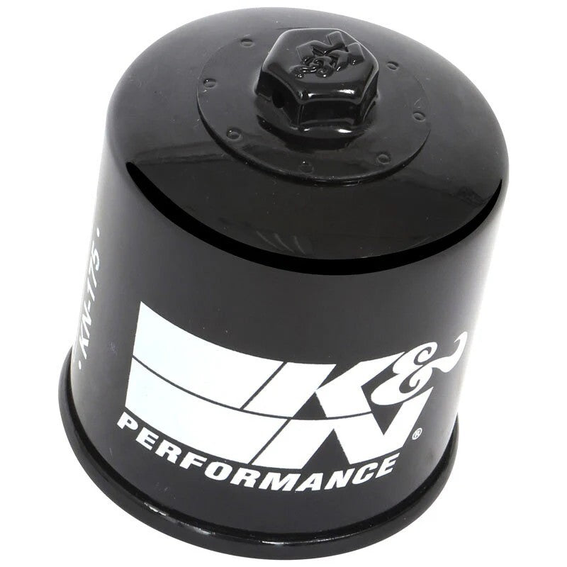 K&N KN-175 black spin-on powersports oil filter with a welded 17mm hex nut on the top