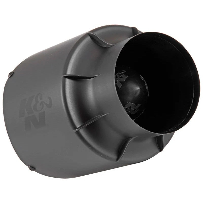 K&N Orion 54 Series universal air cleaner assembly with black injection-molded heat shield and 76mm flange.