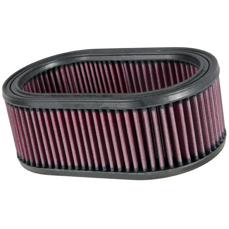 K&N E-3461 High-Flow oval air filter featuring red oiled cotton media and black rubber sealing edges.
