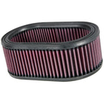 K&N E-3461 High-Flow oval air filter featuring red oiled cotton media and black rubber sealing edges.
