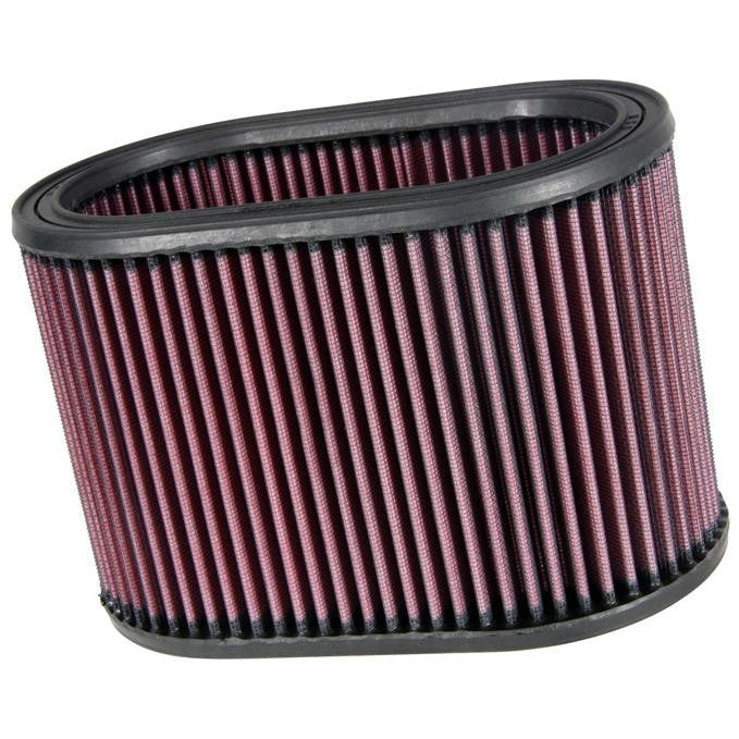 K&N E-3491 oval high-flow air filter featuring red pleated oiled cotton media and black molded rubber seals