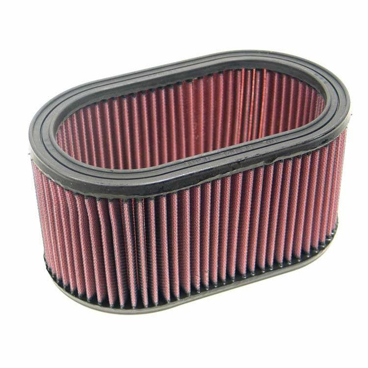 K&N E-3471 oval drop-in air filter with red pleated cotton media and black rubber seals.