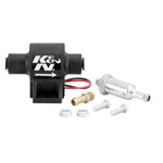 K&N 81-0400 12V inline electric fuel pump shown with included fuel filter and mounting hardware.