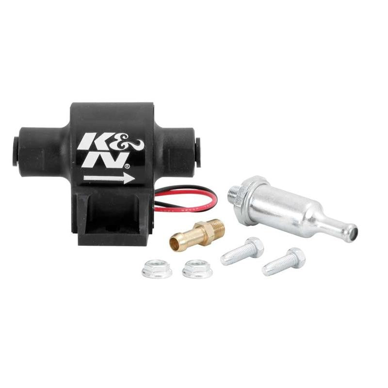 K&N 81-0402 12V inline electric fuel pump with fuel filter and mounting hardware.