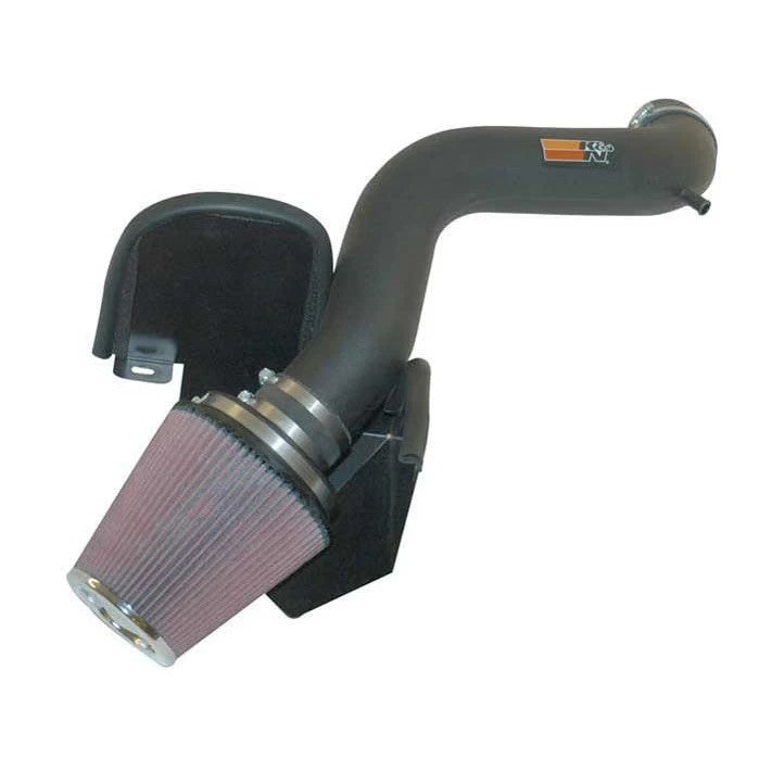 K&N 57-1538 FIPK performance intake kit with black HDPE tube, heat shield, and red oiled cotton conical filter.