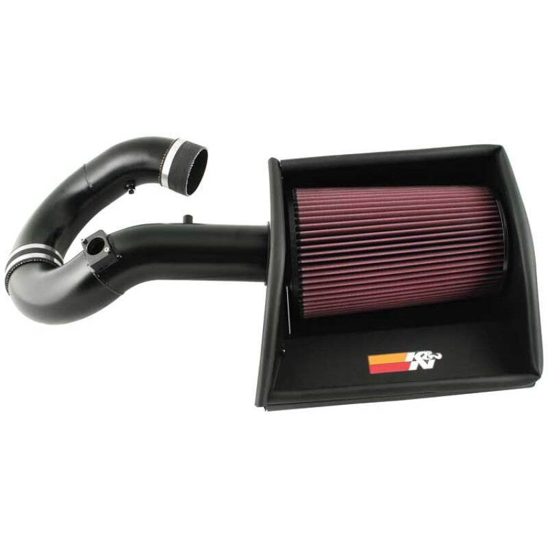 K&N 77 Series intake kit with silver aluminum tube, red oiled air filter, and black heat shield.