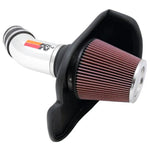 Polished aluminum K&N 69 Series Typhoon cold air intake with red conical filter and black heat shield.