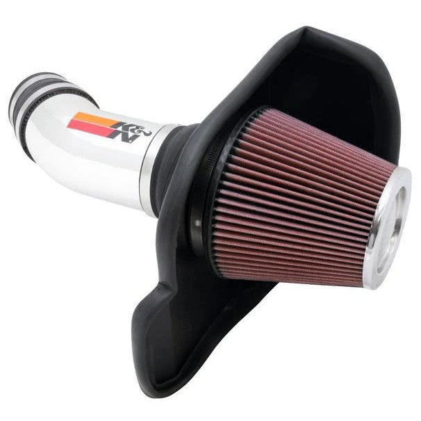 Polished aluminum K&N 69 Series Typhoon cold air intake with red conical filter and black heat shield.