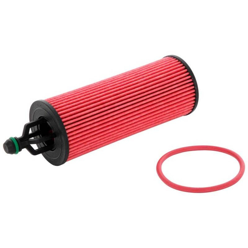 K&N HP-7026 performance cartridge oil filter showing the pleated filtration media and internal structure.