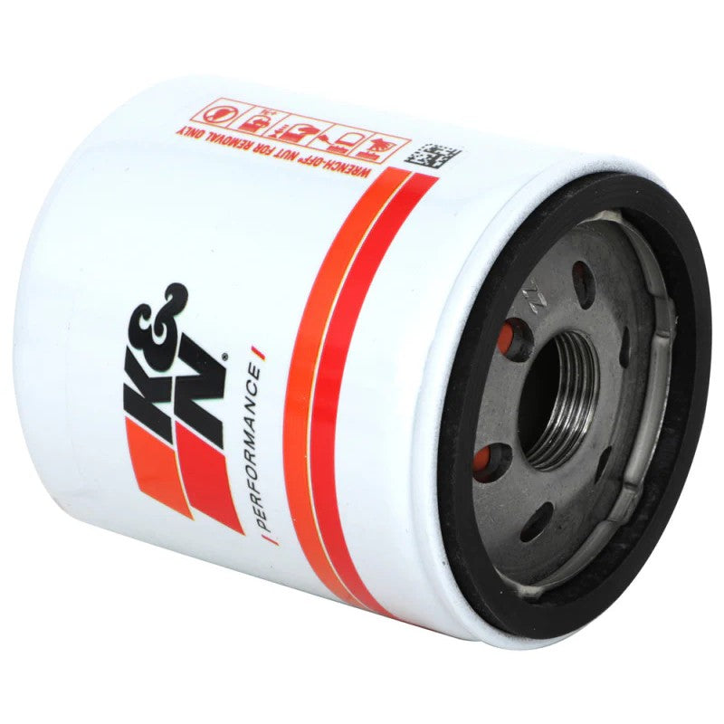K&N HP-1020 Premium Wrench-Off Oil Filter featuring a black heavy-duty canister and a welded 1-inch removal nut.