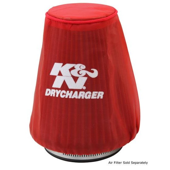 Red K&N Drycharger round tapered air filter wrap, silicone-treated polyester, 5.25in diameter x 3in height