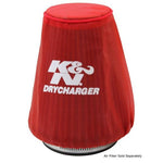 Red K&N Drycharger round tapered air filter wrap, silicone-treated polyester, 5.25in diameter x 3in height