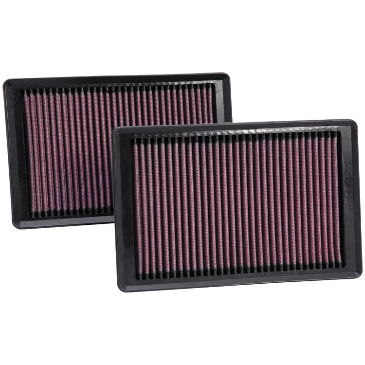 K&N 33-2445 replacement air filter featuring red pleated oiled cotton media and a durable black frame.