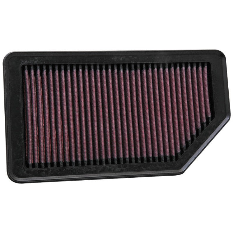 K&N 33-2472 high-flow air filter featuring red pleated oiled cotton media and a black flexible frame.