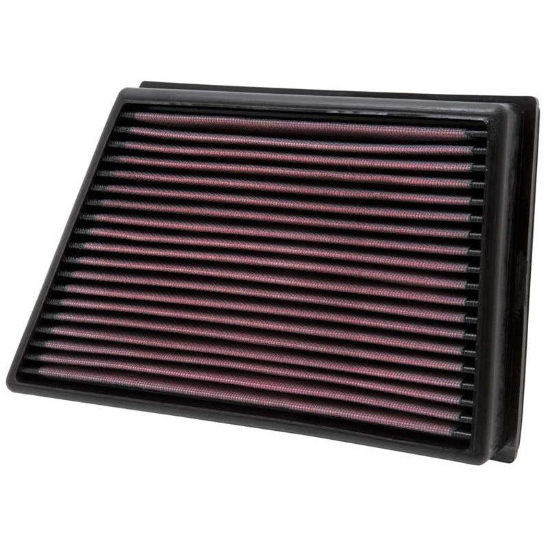 K&N 33-2991 replacement high-flow air filter featuring red oiled cotton media in a black composite frame.