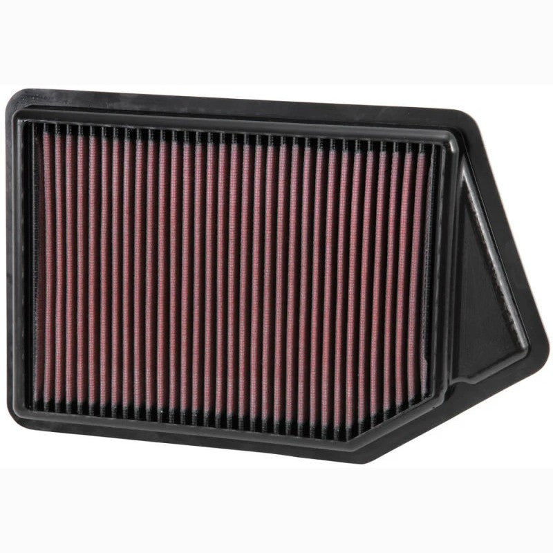 K&N 33-2498 high-flow replacement air filter featuring red pleated oiled cotton media in a black frame.