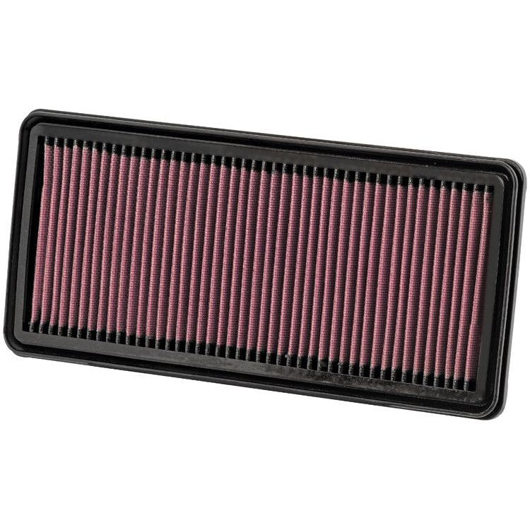 K&N 33-2299 high-flow replacement air filter with red oiled cotton media in a rectangular drop-in frame.