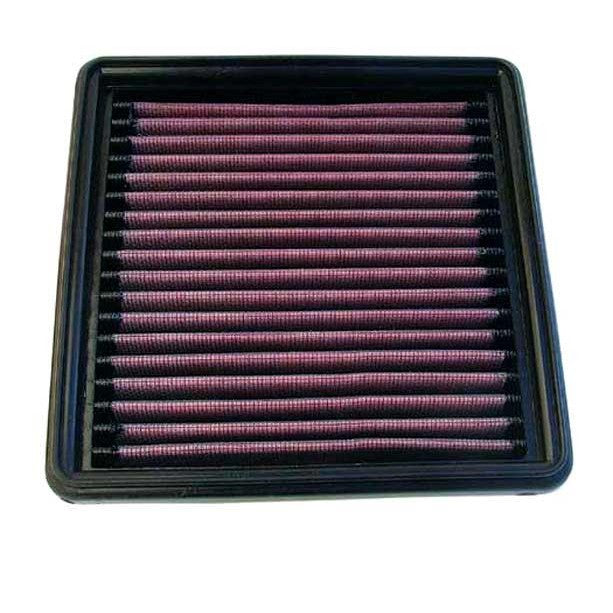 K&N high-flow washable replacement air filter with pleated oiled cotton media and black frame.