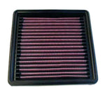 K&N high-flow washable replacement air filter with pleated oiled cotton media and black frame.