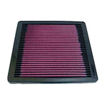 K&N 33-2045 high-flow replacement air filter with red pleated cotton media and a durable black rubber frame.