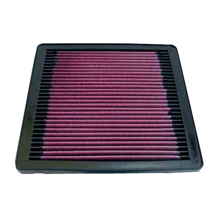 K&N 33-2045 high-flow replacement air filter with red pleated cotton media and a durable black rubber frame.