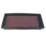 K&N 33-2002 rectangular replacement air filter featuring red pleated oiled cotton media and a black rubber seal.