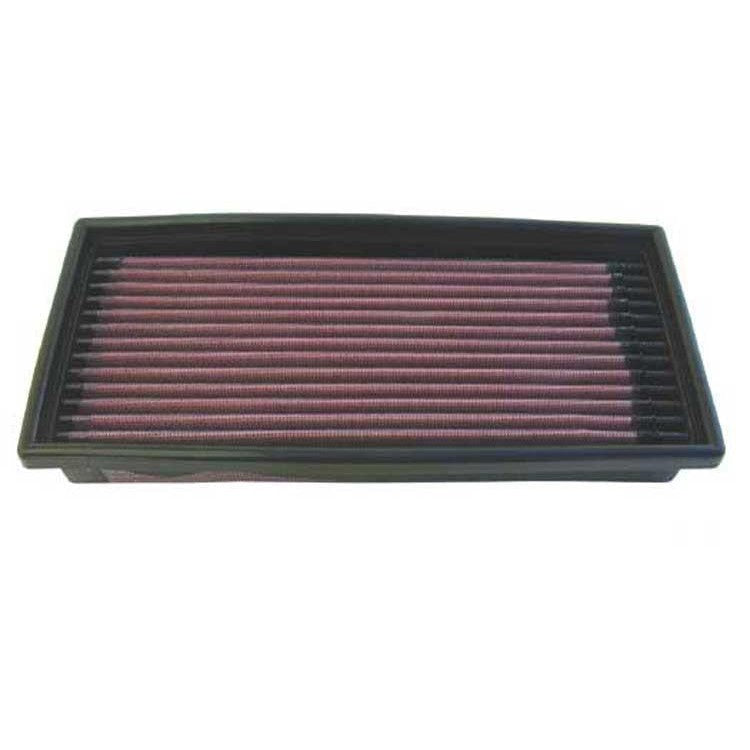 K&N 33-2002 rectangular replacement air filter featuring red pleated oiled cotton media and a black rubber seal.