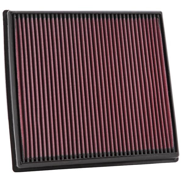 K&N 33-2428 replacement air filter with red pleated oiled cotton media and black rubber frame.