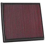K&N 33-2428 replacement air filter with red pleated oiled cotton media and black rubber frame.