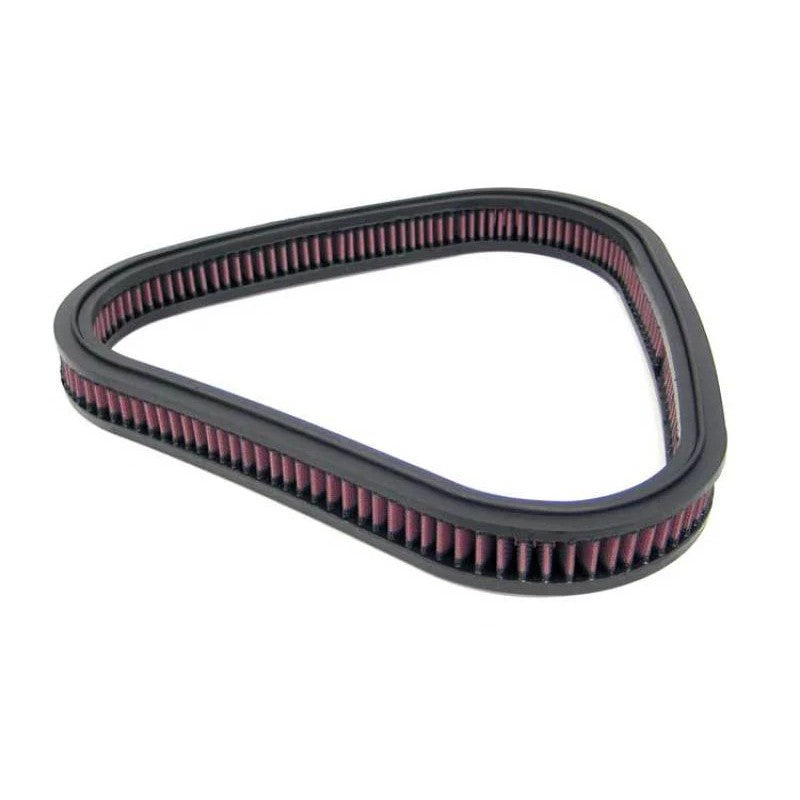 K&N E-1970 round high-flow replacement air filter with red pleated cotton gauze media and wire mesh reinforcement.