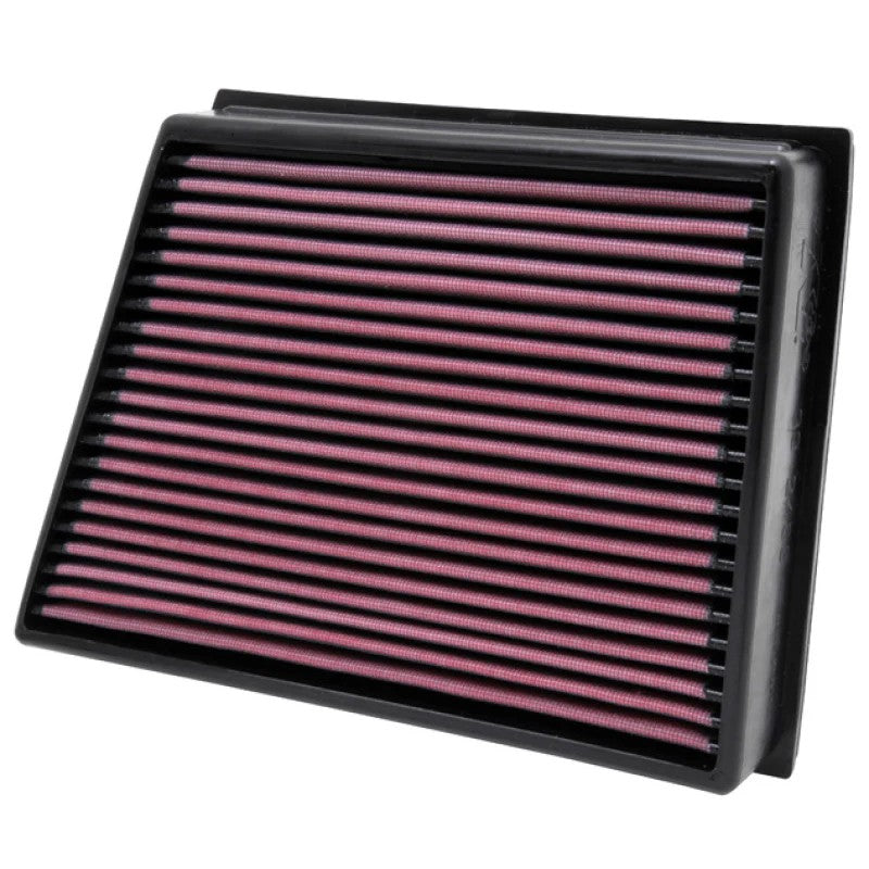 K&N 33-2466 replacement air filter with red pleated oiled cotton media and a black flexible sealing frame.