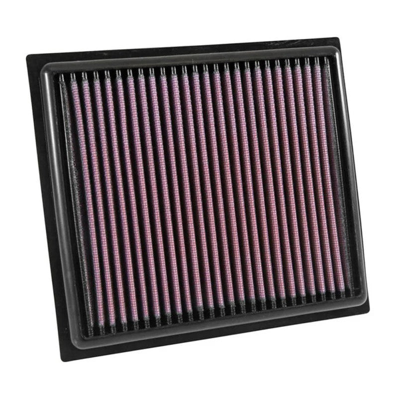 K&N 33-5034 high-flow replacement air filter featuring a red pleated oiled cotton media and black frame.