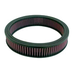 Round K&N E-1450 replacement air filter with red pleated oiled cotton media and wire mesh reinforcement.