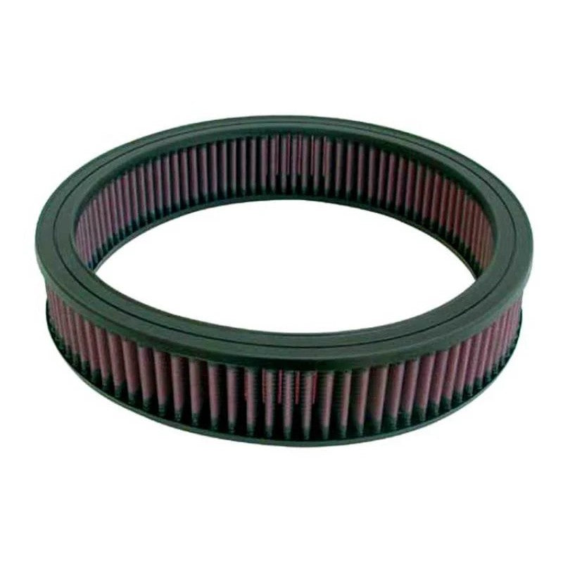 Round K&N E-1450 replacement air filter with red pleated oiled cotton media and wire mesh reinforcement.
