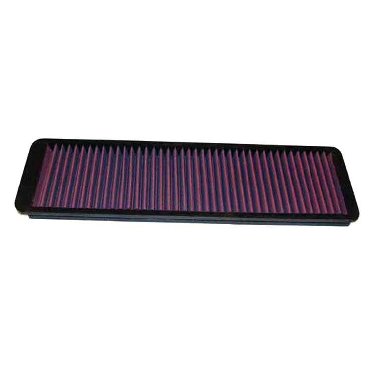 K&N 33-2011 replacement air filter featuring red pleated oiled cotton media and a durable black flexible frame.