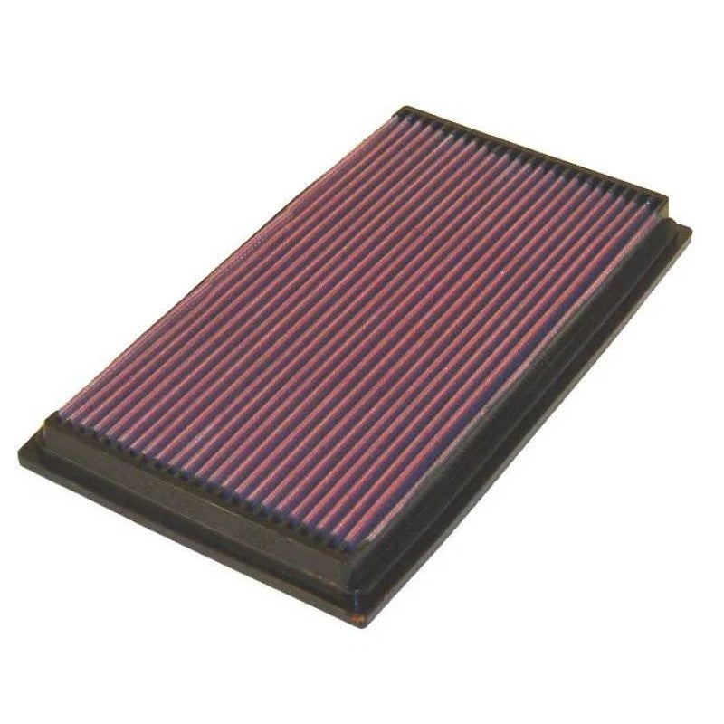 K&N 33-2190 replacement high-flow air filter with red pleated oiled cotton media and black rubber frame.