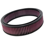K&N E-2872 round replacement air filter featuring red pleated oiled cotton media and durable black rubber seals.