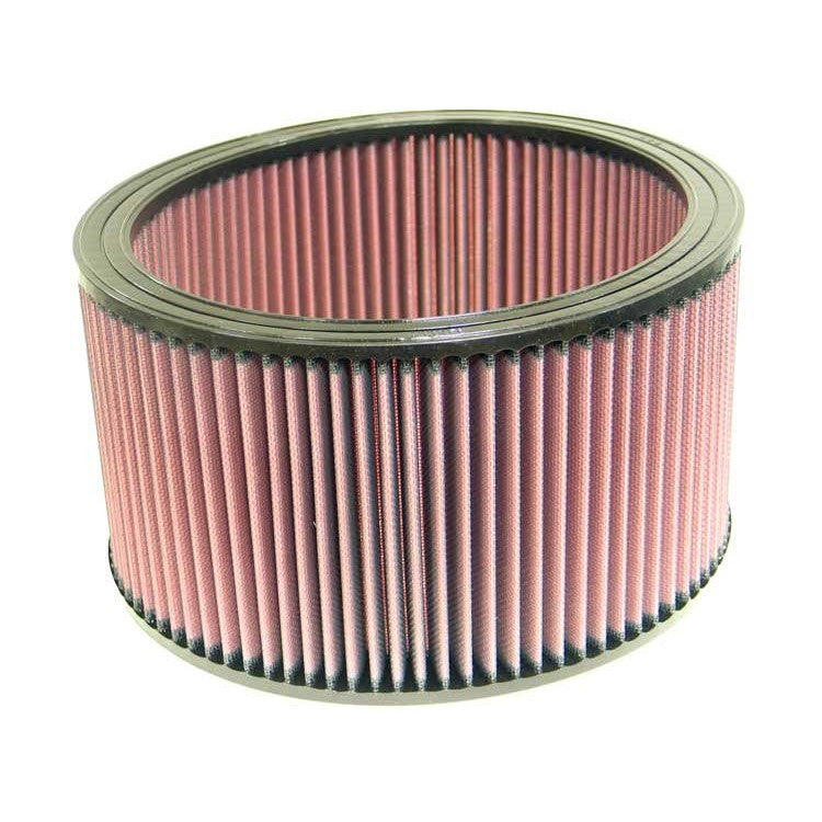 K&N E-3690 round replacement air filter featuring red pleated oiled cotton media and black rubber seals.