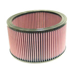 K&N E-3690 round replacement air filter featuring red pleated oiled cotton media and black rubber seals.