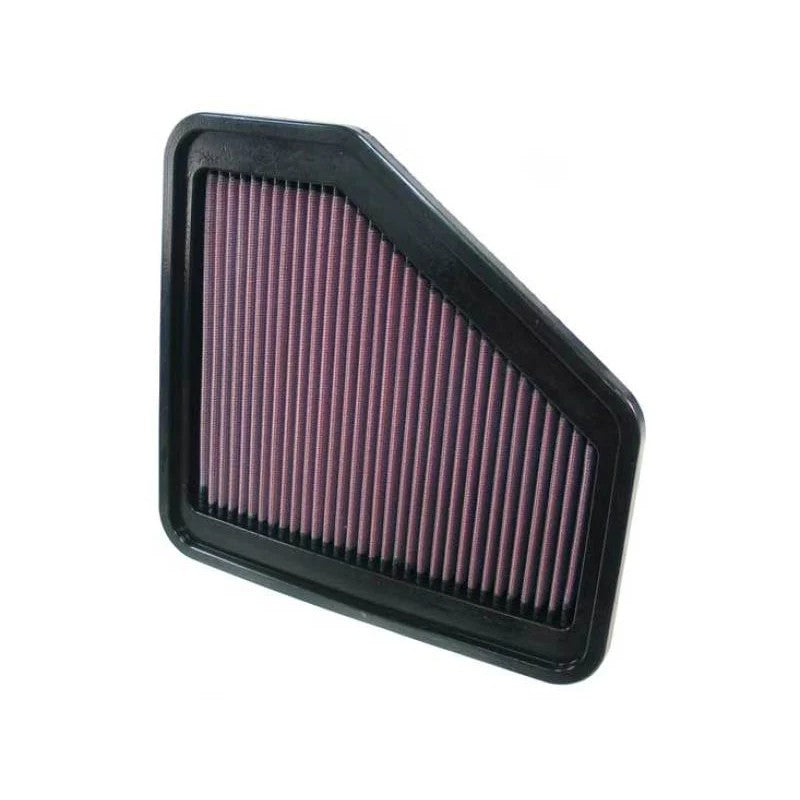 K&N 33-2355 high-flow air filter featuring layered red oiled cotton media for Toyota RAV4 and Lotus Evora.