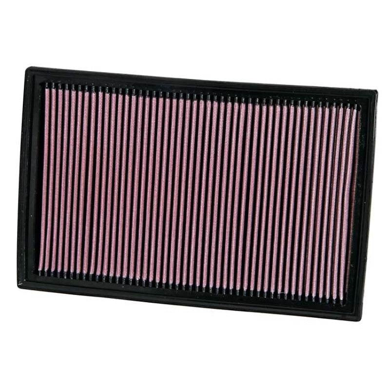 K&N 33-2384 replacement air filter featuring red pleated oiled cotton media in a durable black rectangular frame
